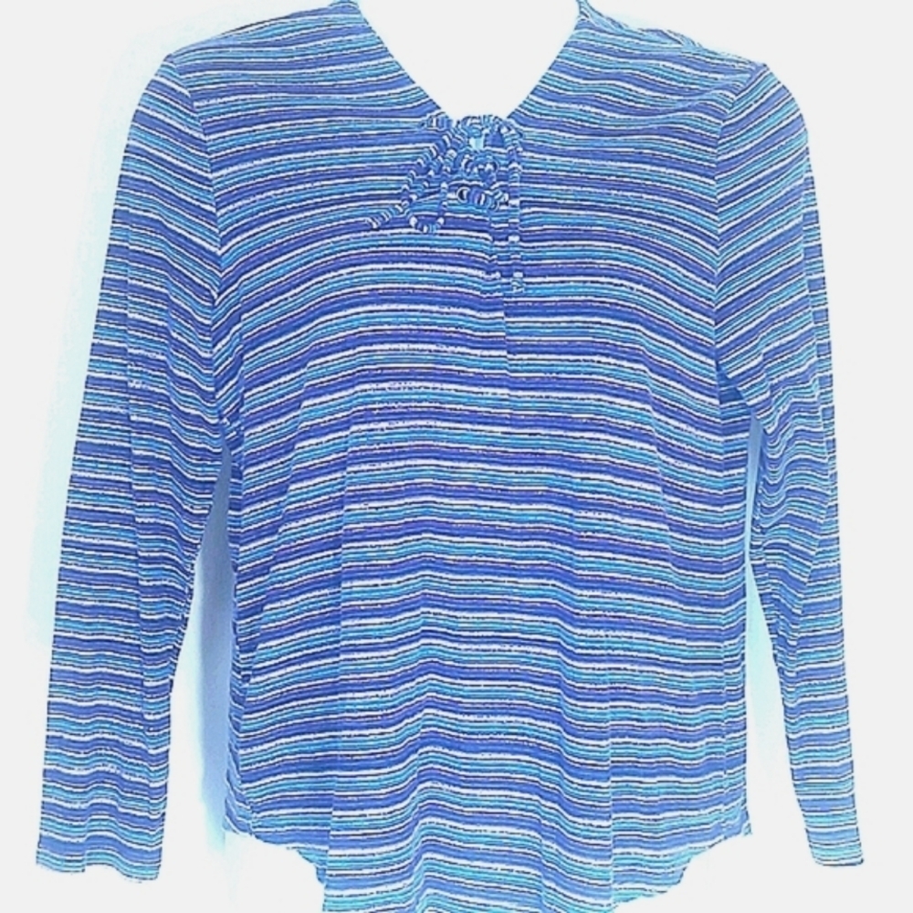 Ruff Hewn Striped Top Blue Purple Tie Neck Long Sleeve Relaxed Fit XL Preppy EUC